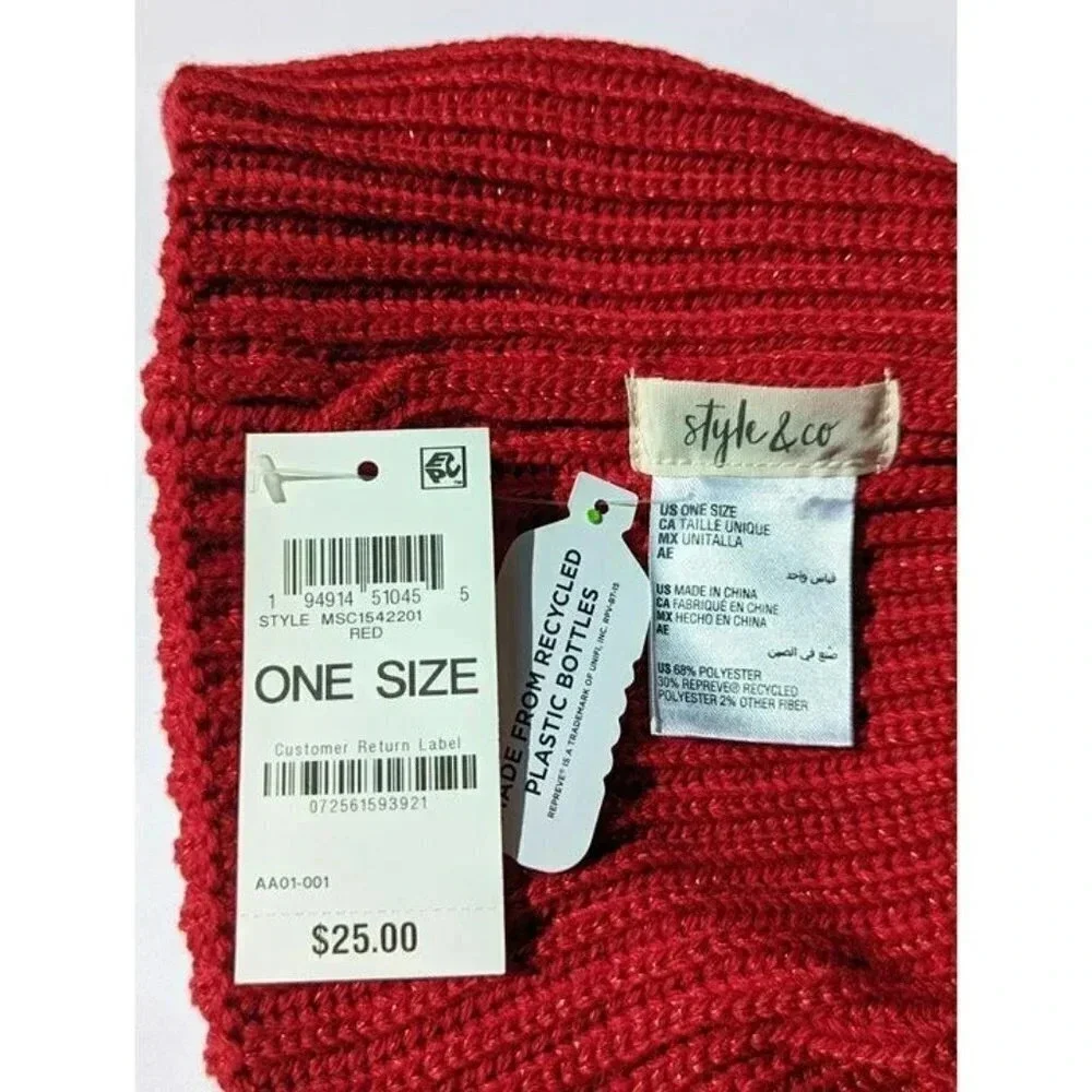 Style Co Women's Solid Shine Tech-Tip Cuffed Beanie Red O/S (MSRP $25)